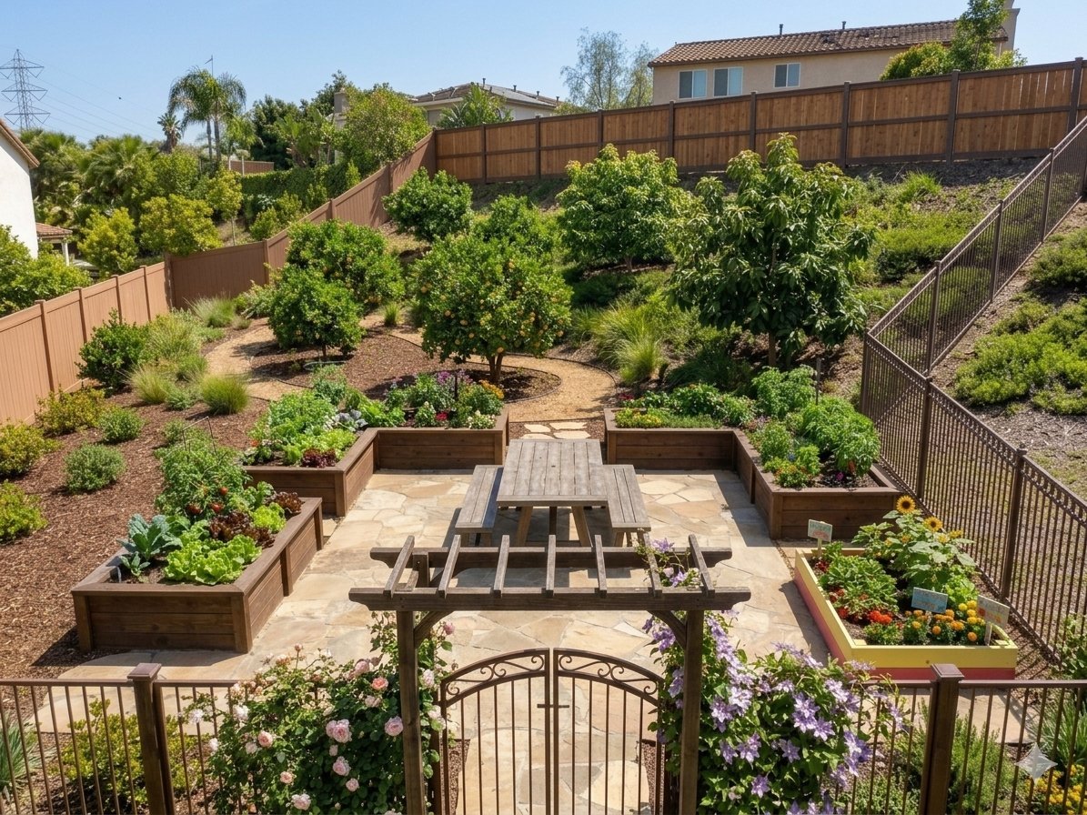 Photorealistic render of the proposed community garden with raised beds, picnic table, arbor gate, kids planter, and fruit trees on the slope