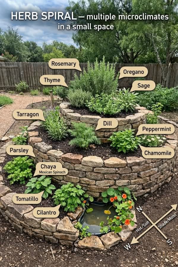 Stone herb spiral with multiple herbs growing