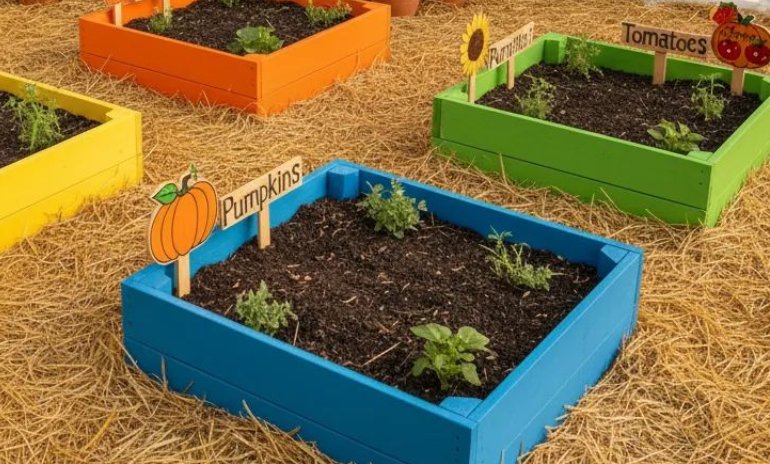 Colorful kids raised planter bed