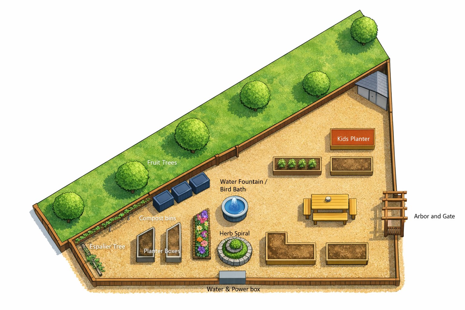 Top-down illustrated layout plan of the Mar Brisa Community Garden showing planter beds, picnic table, fruit trees, herb spiral, bird bath, compost bins, espalier tree, kids planter, arbor and gate